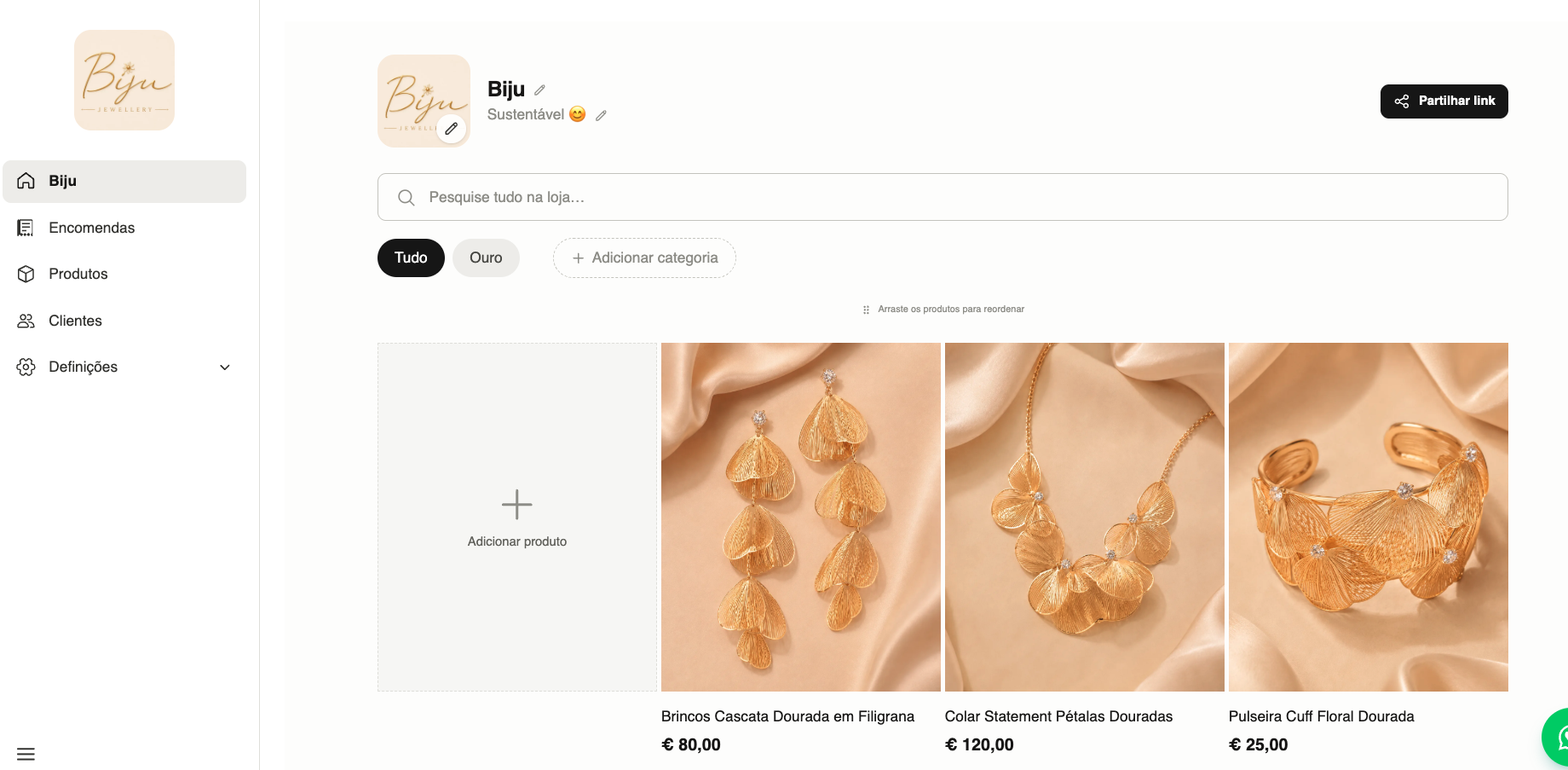 Biju seller dashboard showing product and category management